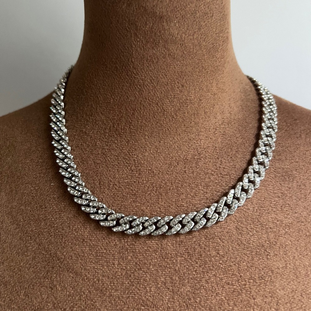 Vintage Silver Tone Rhinestone Iced Out Cuban Link Chain Necklace 18" Streetwear